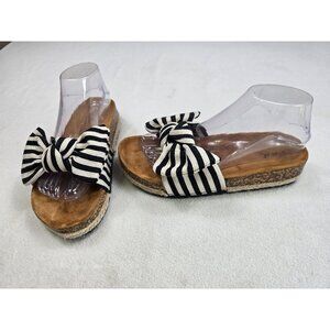 Qupid Size 8 US Black & White Striped Bow Cork Wedge Sandals